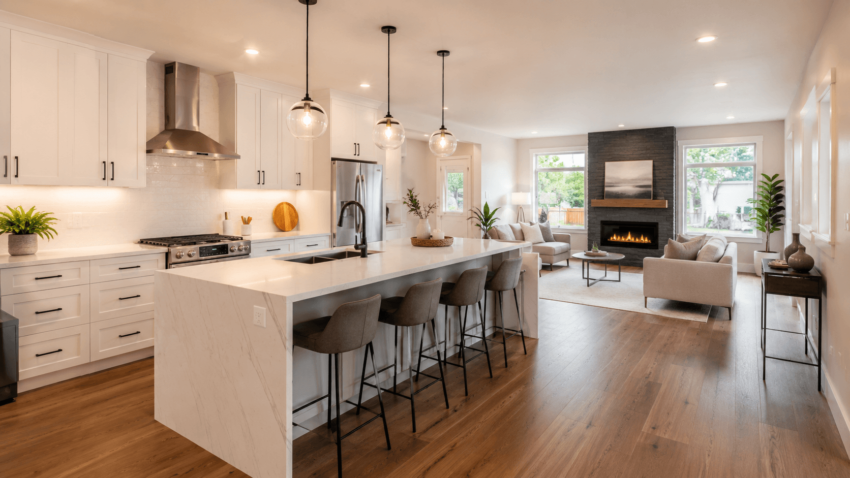 Bright open-concept kitchen and living room in a Canadian home, with hardwood floors and a fireplace